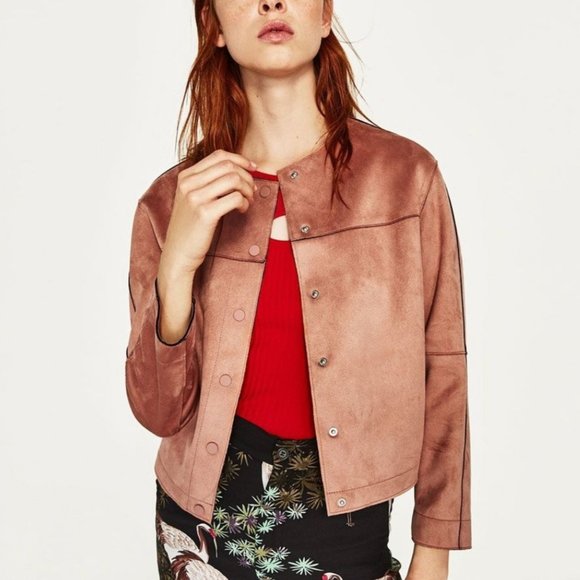 Zara Faux Suede Pink Collarless Jacket/Coat - Picture 2 of 6